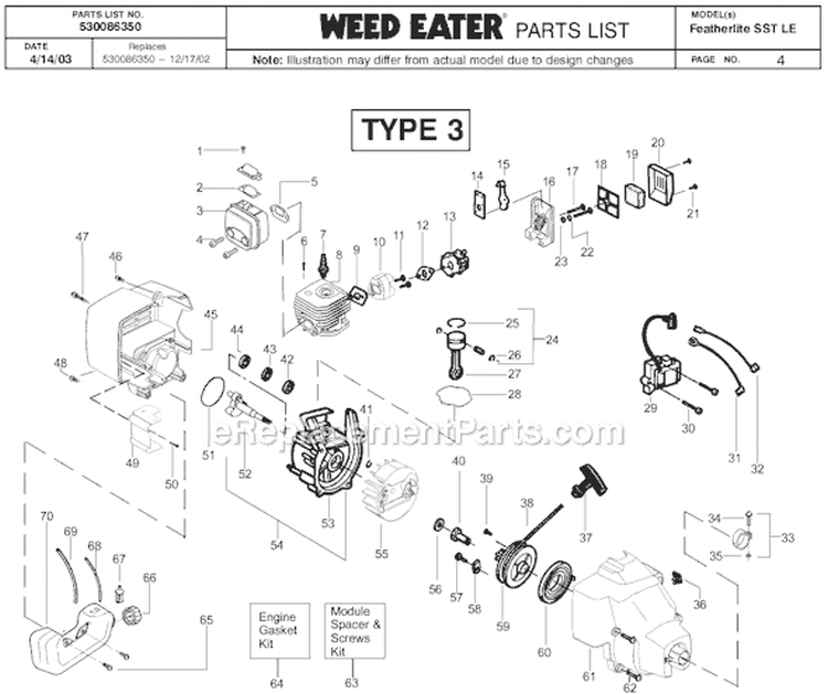 Page D Diagram and Parts List for SST Featherlite  LE Type 2 Weed Eater Trimmer